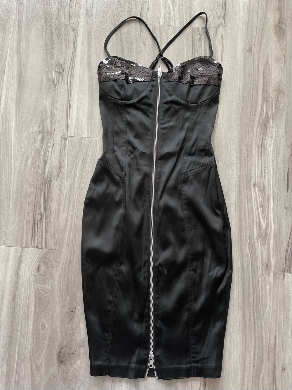 Betsey Johnson Black Sequin Bust Zip-Front Mini Dress